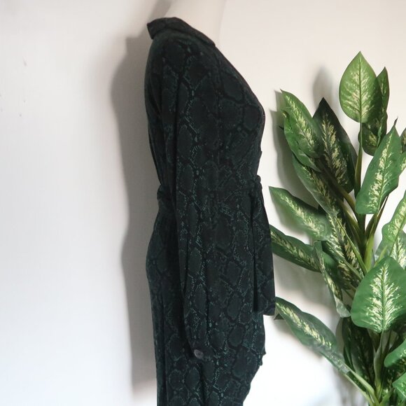 ZARA Green Black Snake Print Wrap Mini Dress Long Sleeve Belted Collared XS - Picture 9 of 12